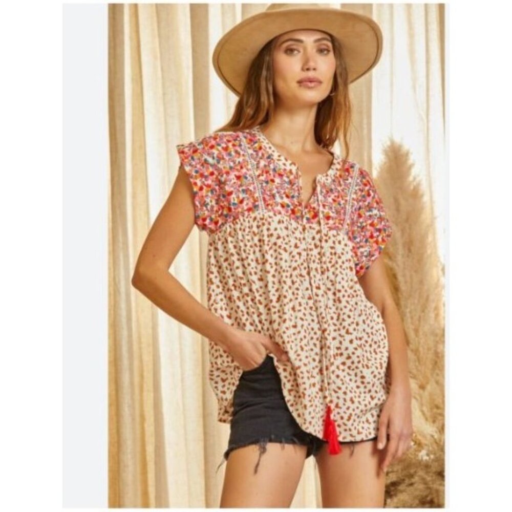 Savanna Jane Womens embroidered Animal Print Rayon Blouse Tassels size medium